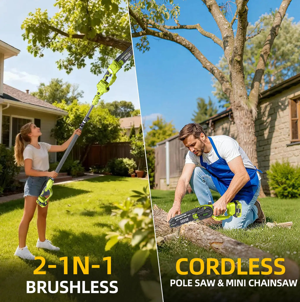 2-in-1 8" Brushless Mini Chainsaw & Pole Saw, Cordless Tree Pruner with Extension Pole